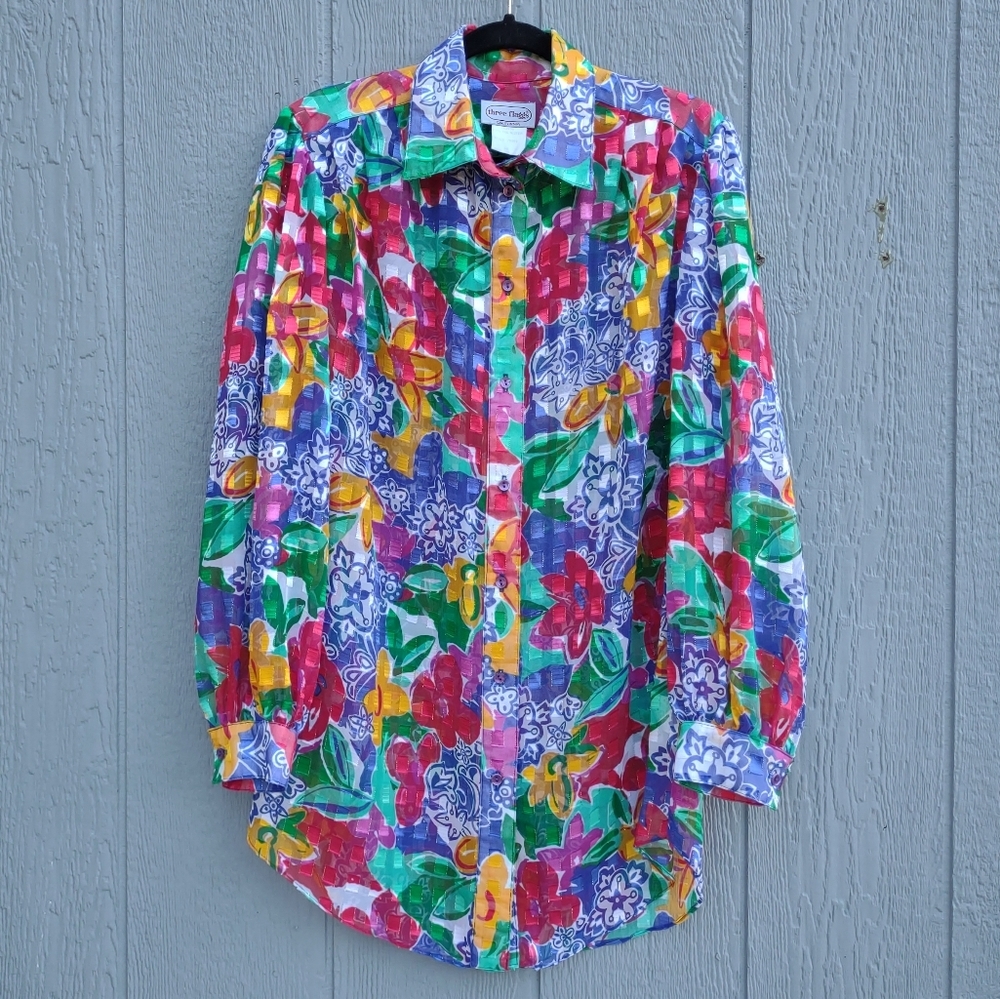 Vintage Three Flags California Sheer Floral Button Down Shirt Multicolor